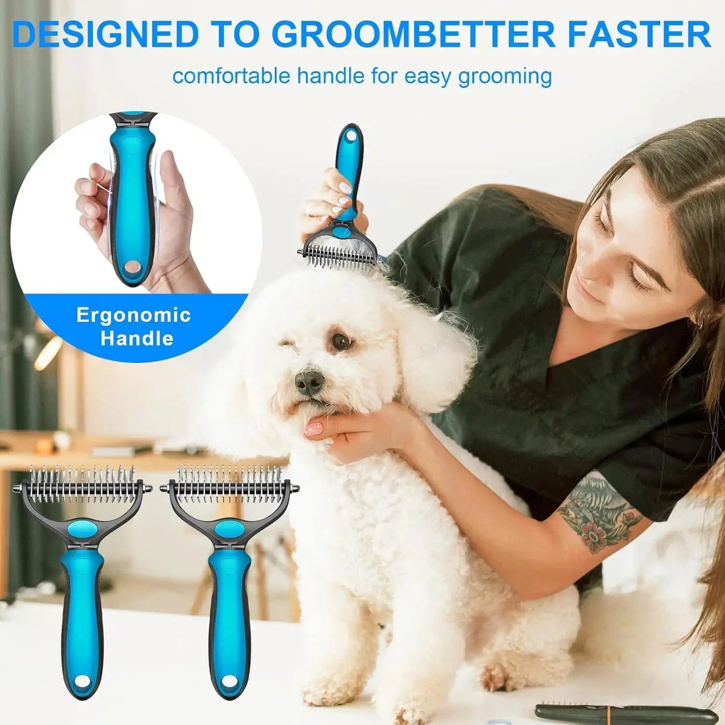 Double Sided Undercoat Rake for Dogs Cats – Deshedding Dematting Brush, 17+9 Teeth Pet Grooming Comb Removes Tangles & Loose Hair, Reduces Shedding 95%, Ergonomic Non-Slip Handle, Extra-Wide Pet Self Grooming Tool Christmas Pet Supplies Gift