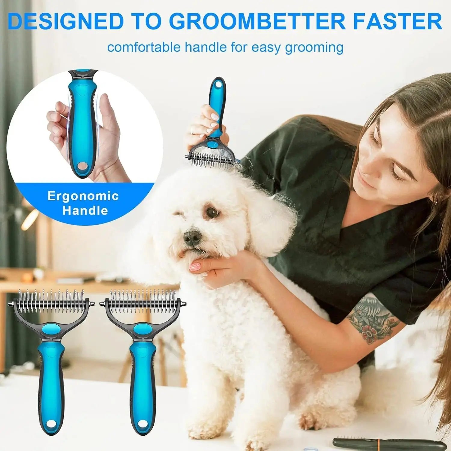Double Sided Undercoat Rake for Dogs Cats – Deshedding Dematting Brush, 17+9 Teeth Pet Grooming Comb Removes Tangles & Loose Hair, Reduces Shedding 95%, Ergonomic Non-Slip Handle, Extra-Wide Pet Self Grooming Tool Christmas Pet Supplies Gift